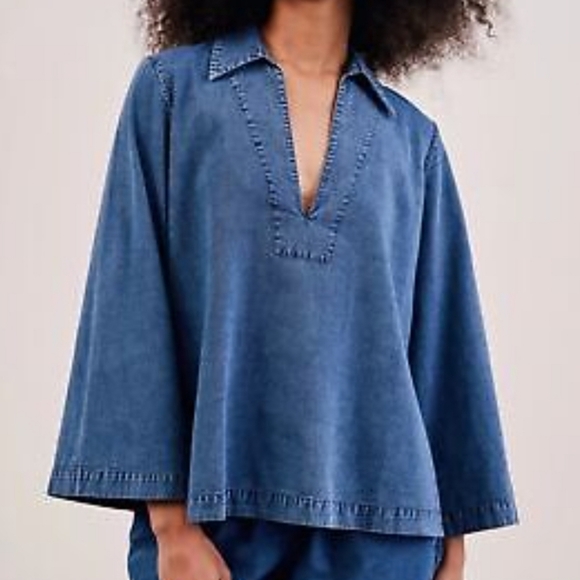 NILI LOTAN PAULETTE CHAMBRAY VINTAGE DENIM BLOUSE - Picture 3 of 8